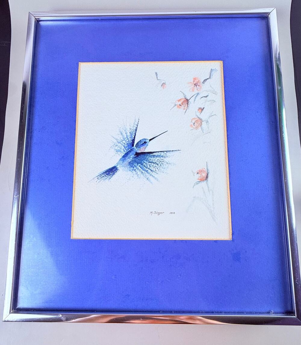 Original Framed Art Signed Hummingbird M. Singer 1973 Flowers w Mat Solar Glass